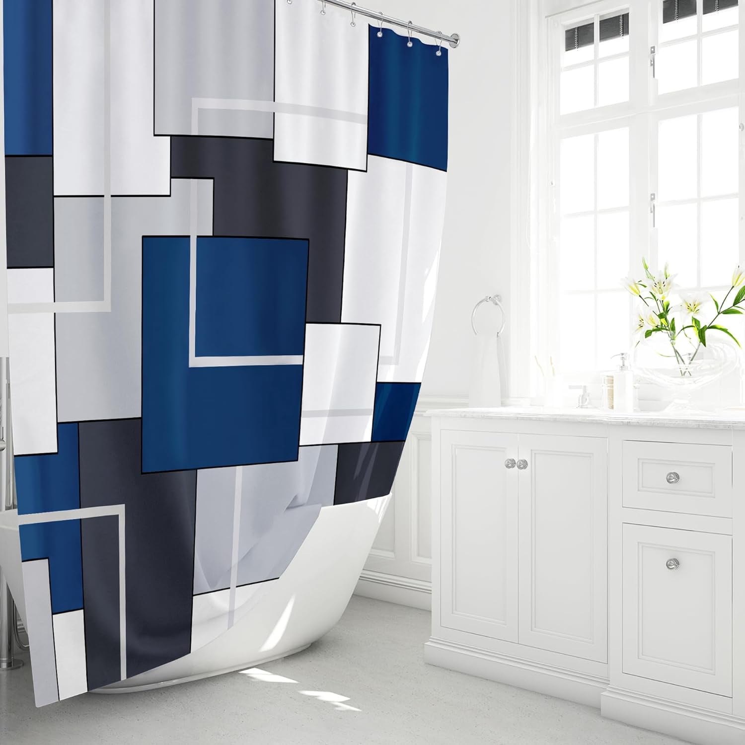 Extra Long Shower Curtain, 72x84 Inches Long Geometric Waterproof Cloth Shower Curtain Set with 12 Hooks, Weighted Hem, Tall Modern Polyester Fabric Shower Curtain for Bathroom - Navy Blue