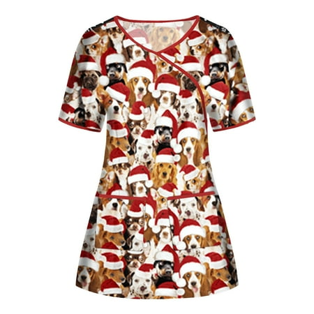 

yoeyez Women Scrub Tops Printed Women Short Sleeve V-neck Tops Working Uniform Christmas Thanksgiving Blouse Uniformes De Enfermeras De Mujer