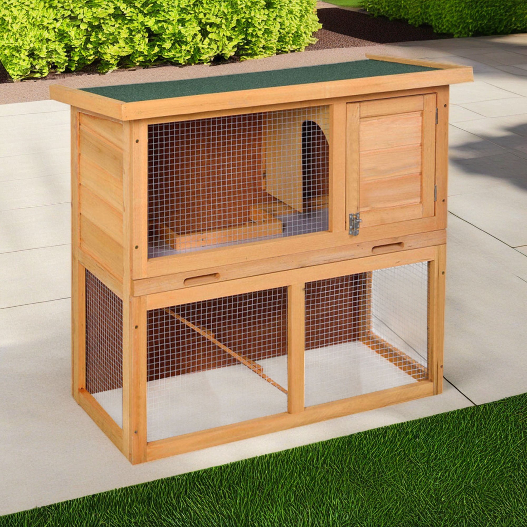 resenkos 35" Wood Two-Story Bunny Cage, Outdoor Rabbit Hutch with Run, 1 Door Small Animal House Pet Cage, Easy to Clean, Orange
