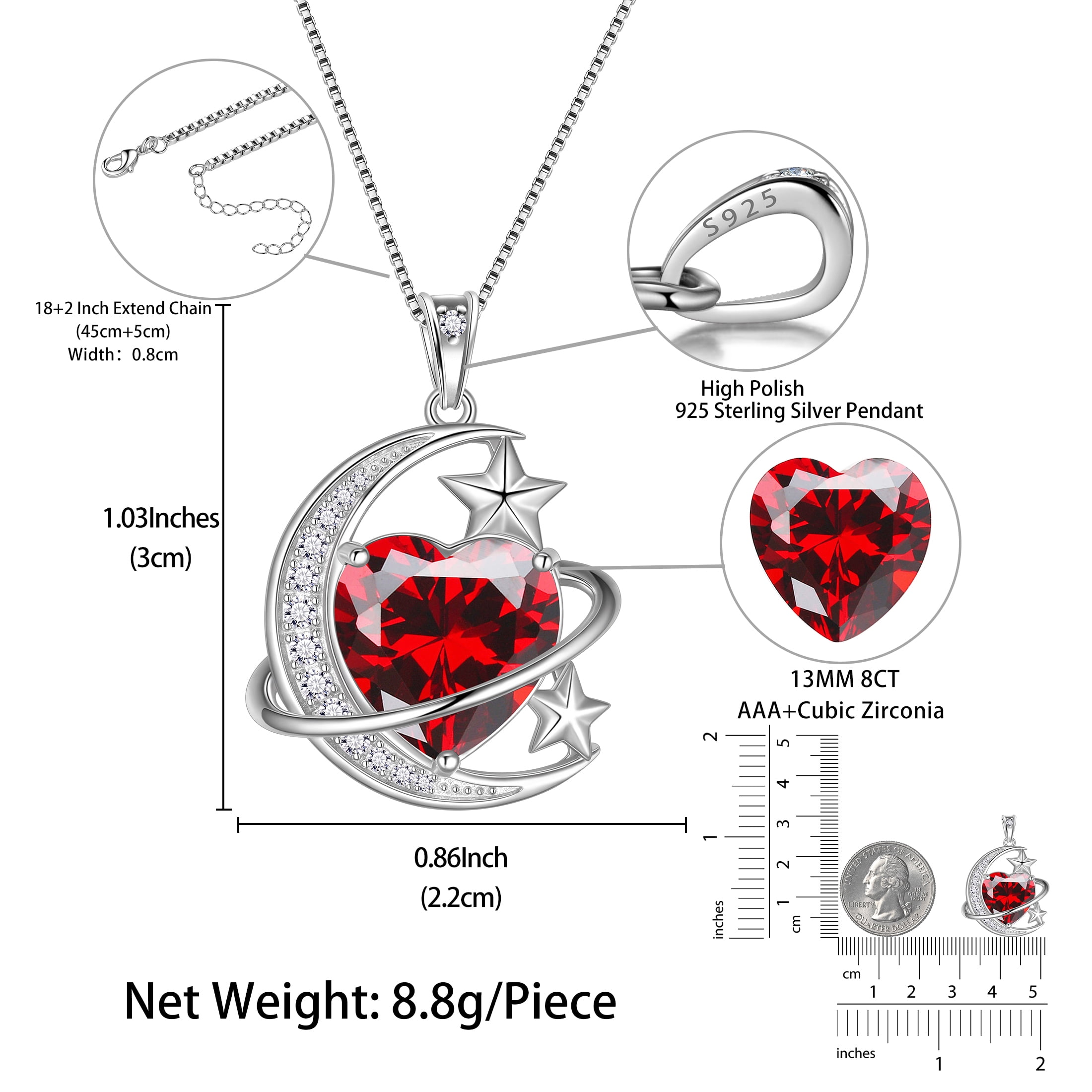 Juwaliy 13MM Women Moon and Star Necklace Heart January Birthstone 925 Sterling Silver Pendant Planet Celestial Necklace Red Garnet Jewelry Birthday Valentine's Day Gift for Mother