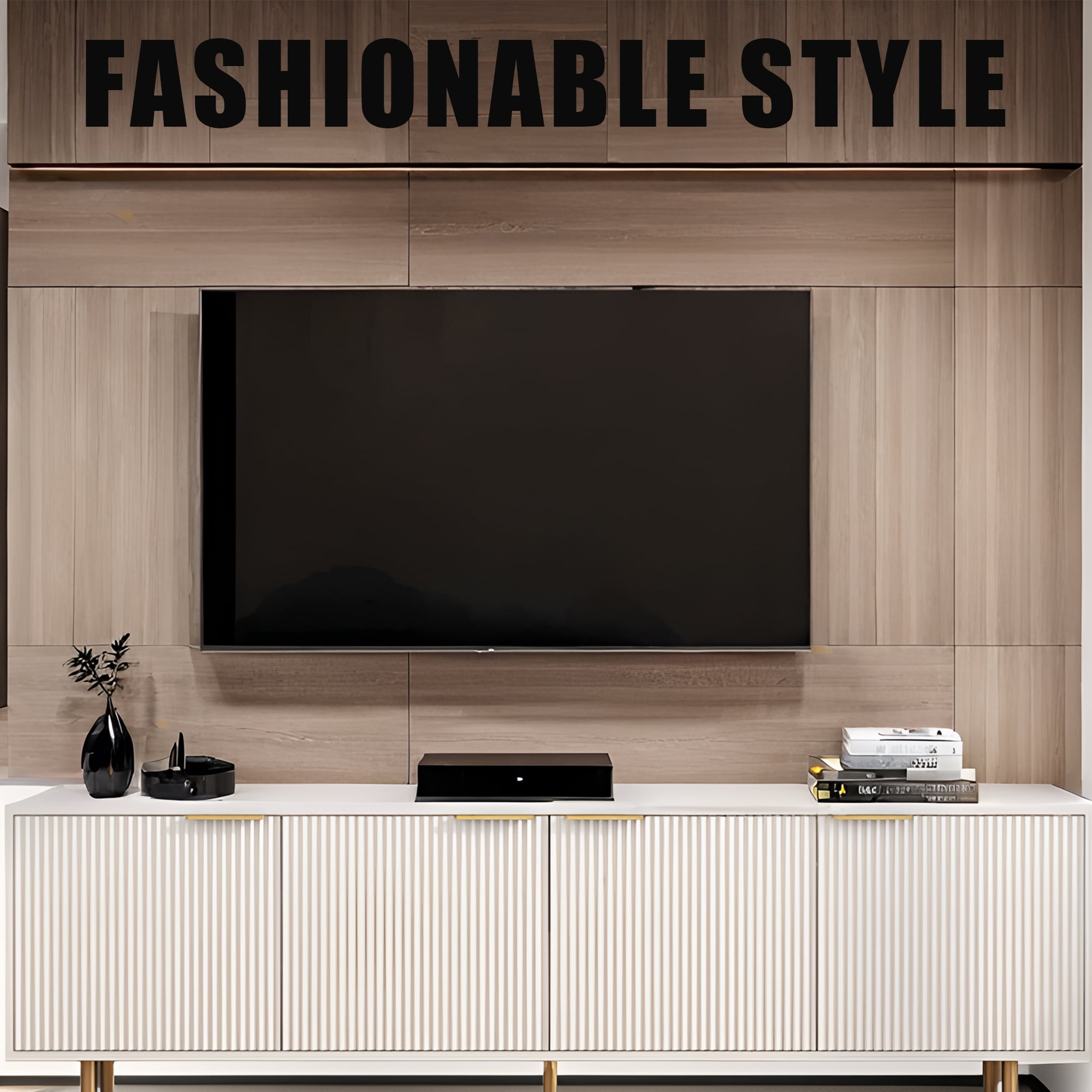 HIUU White Modern Fluted TV Stands for Living Room, Entertainment Center with 4 Doors Cabinet Storage,Console Table Metal Adjustable Legs for 65''TV