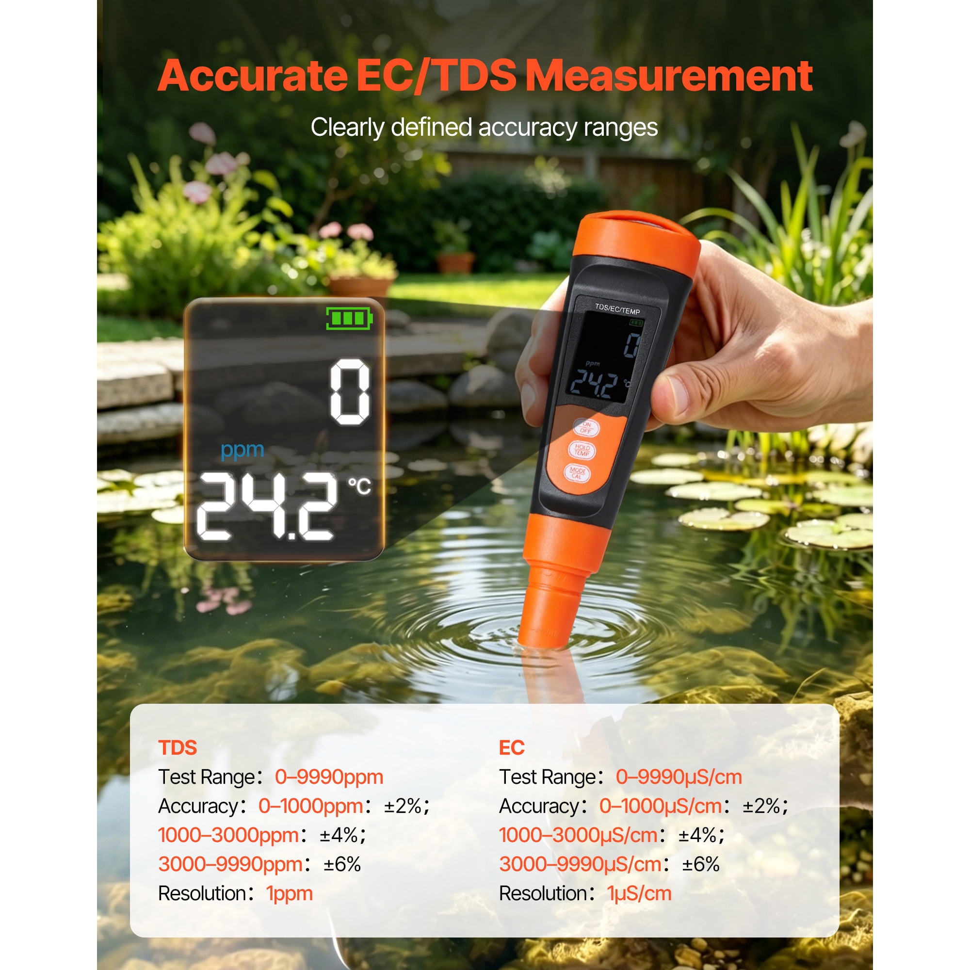 KFFKFF Digital TDS Meter, 0-9990 ppm Range, Multi-Parameter EC/TDS Measurement, Water Tester with Automatic Temperature Compensation, Clear VA Display, Ideal for Drinking Water Quality Analysis