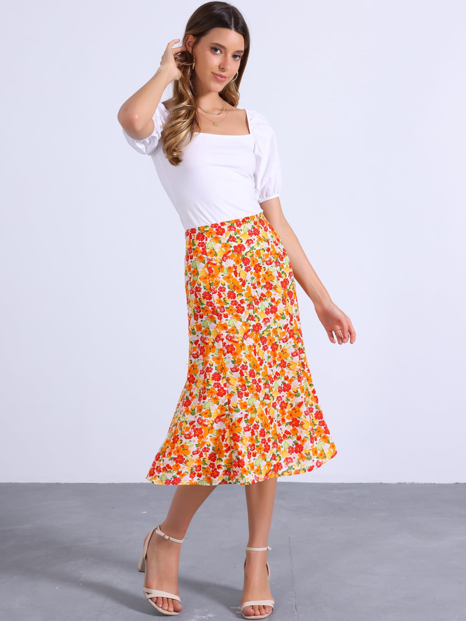 DARING DIVA Women's Floral Midi Peasant Elastic Waist A-Line Skirt M Orange Green