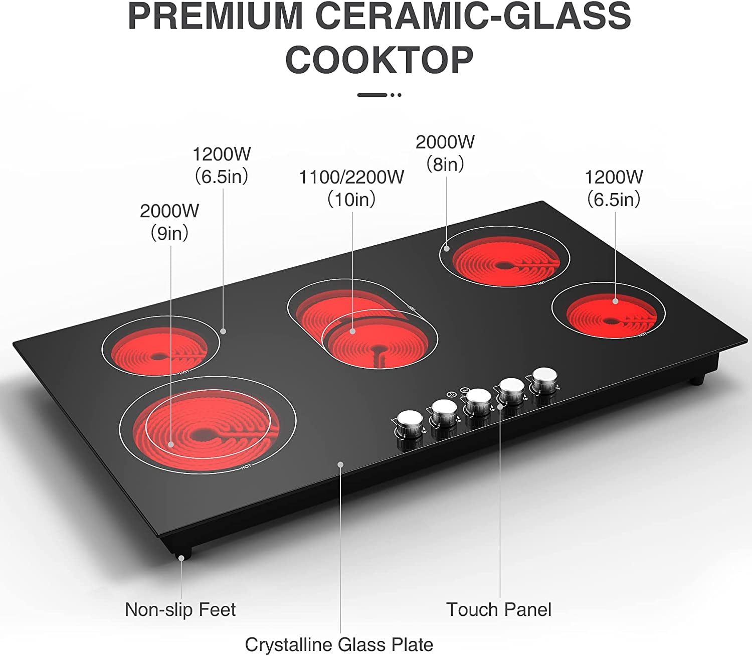 VBGK Electric Cooktop 36 inch 5 Burner Infrared Cooktop, Electric Stovetop 8600W Built-in Hot Plate for Cooking,99 Minutes Timer Electric Ceramic Cooktop 220v without Plug Compatible with All Cookware