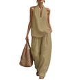 thumbnail image 2 of Linen Sets for Womens 2 Piece Outfits Casual Minimalist Halter Neck Top and High Waisted Wide Leg Pants Summer Matching Outfit with Pockets, 2 of 9