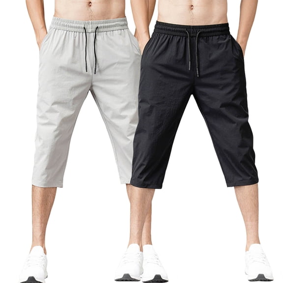 Men Loose Summer Quick Dry Cool Capri Pants Straight Leg Slacks Long Beach Shorts Sports Big and Tall Size M-5XL Gray