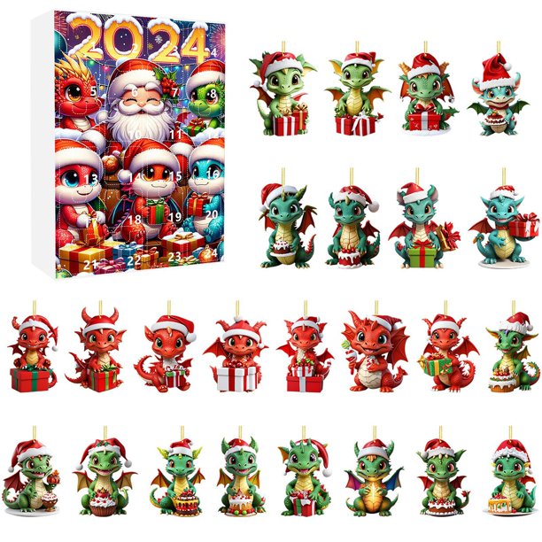 Caja ciega navideña de Adviento, calendario de cuenta regresiva de Adviento navideño, cuenta regresiva de 24 días, colgante de bebé dragón navideño