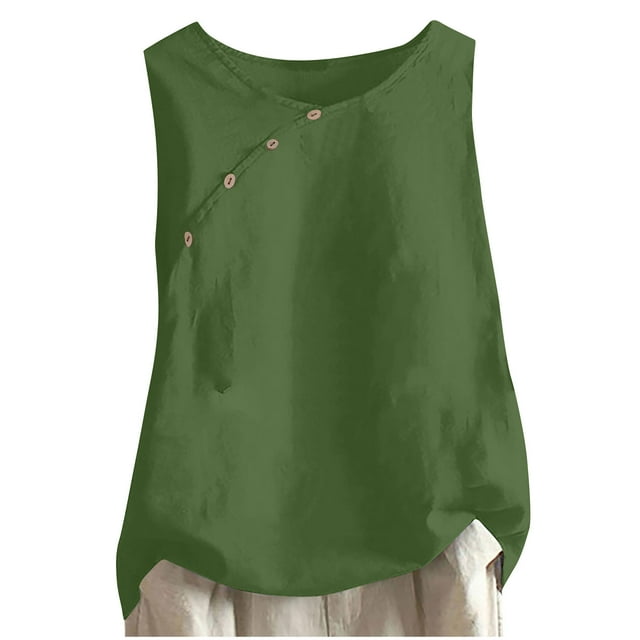 Mrat Slim Tank Mode Débardeur Décontracté pour Femme Sans Manches à Boutons Col Rond Hauts Unis Débardeurs à Boutons Débardeurs en Lin pour Femmes P-385 Vert TG