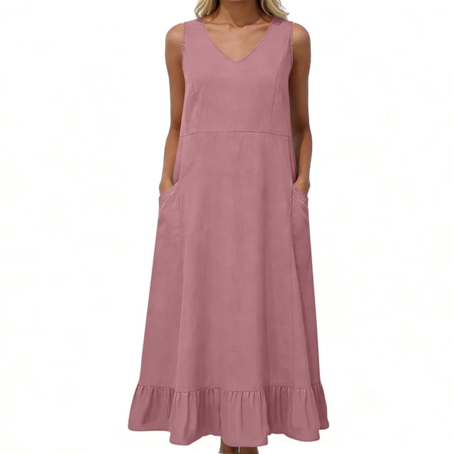 TaTaai Women's V-Neck Maxi Dress Sleeveless Linen Feel Solid Color Casual Pocket Detail Slip Dress Loose Fit Summer Dress Gift