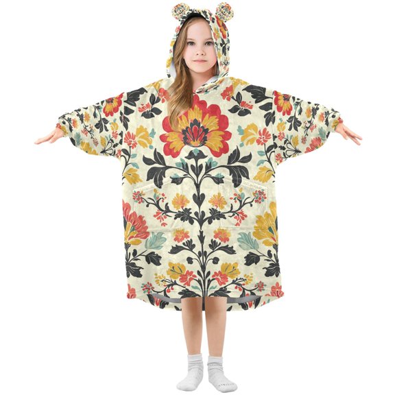 FORMRS Wearable Blanket Hoodie with Sleeves for Kids Cozy Flannel Sweatshirt, Beige Floral