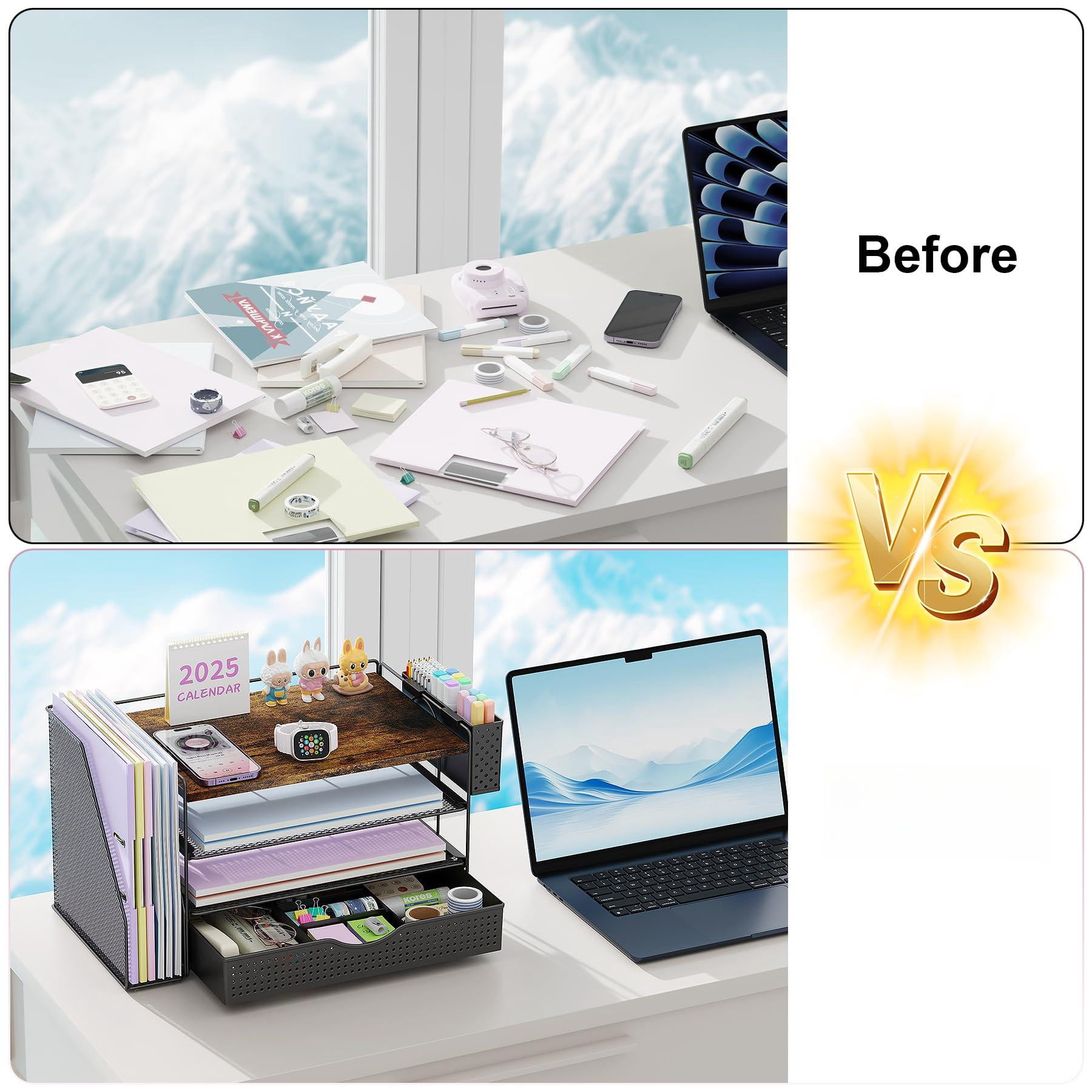 Wood Desk Organizers And Accessories With File Holder  4-tier & Workspace Drawer Pen Reference Organizer (wood)