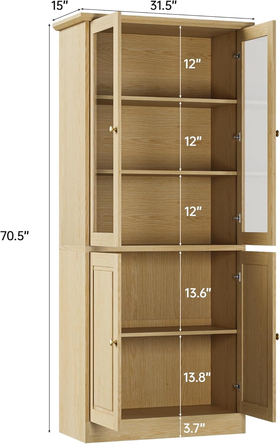 SELOOYE Kitchen Pantry Cabinet, 71" Modern Glass Display Cabinet with Wood Doors, Tall Storage Cabinet with Adjustable Shelves, Freestanding Cupboard for Living Room, Dining Room, Kitchen, Natural
