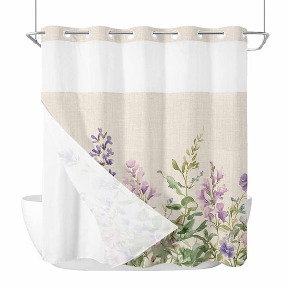 No Hook Shower Curtains with Snap-in Liner Set, Flowers Lavender Waterproof Hotel Style Bathroom Shower Curtain, Retro Cottagecore Blooms Green Leaf Breathable Mesh Top Window Bath Curtains 66''x72''