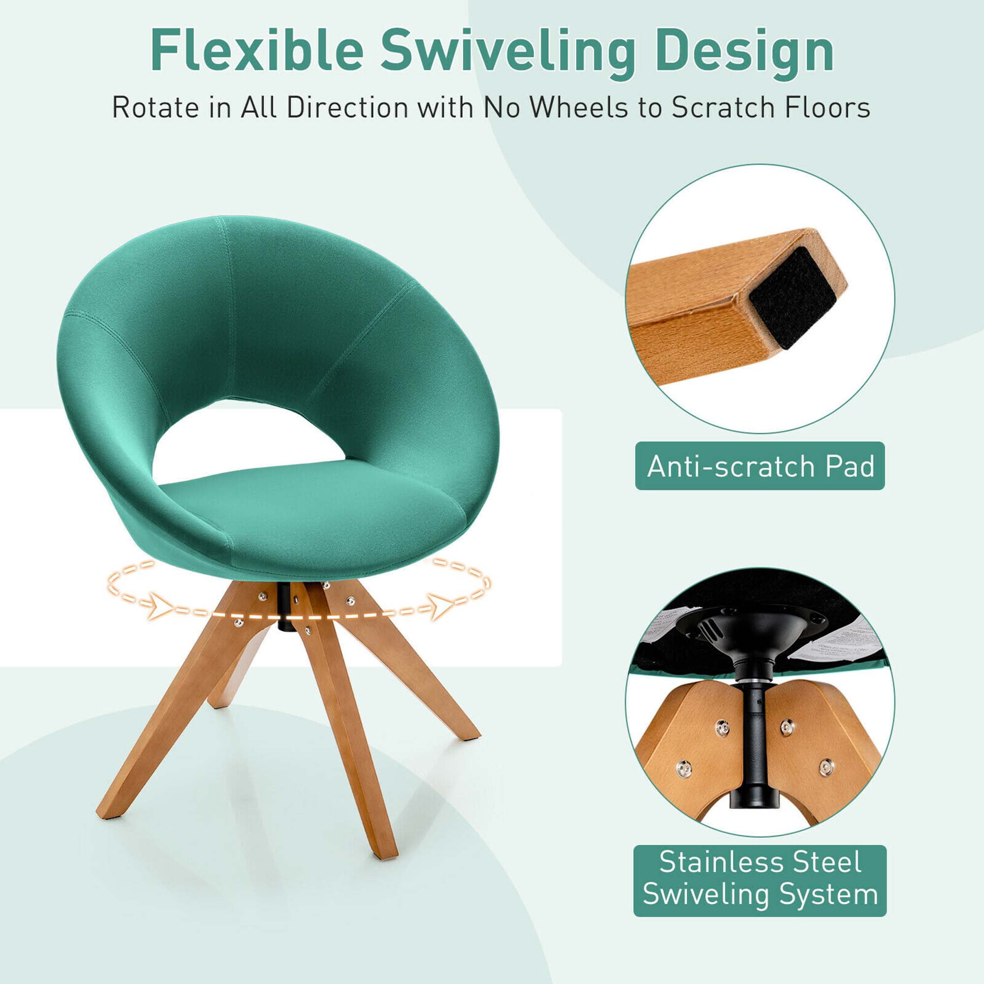 Gymax Green Set of 2 Swivel Accent Chair Modern Velvet Vanity Chair w/ Wood Legs