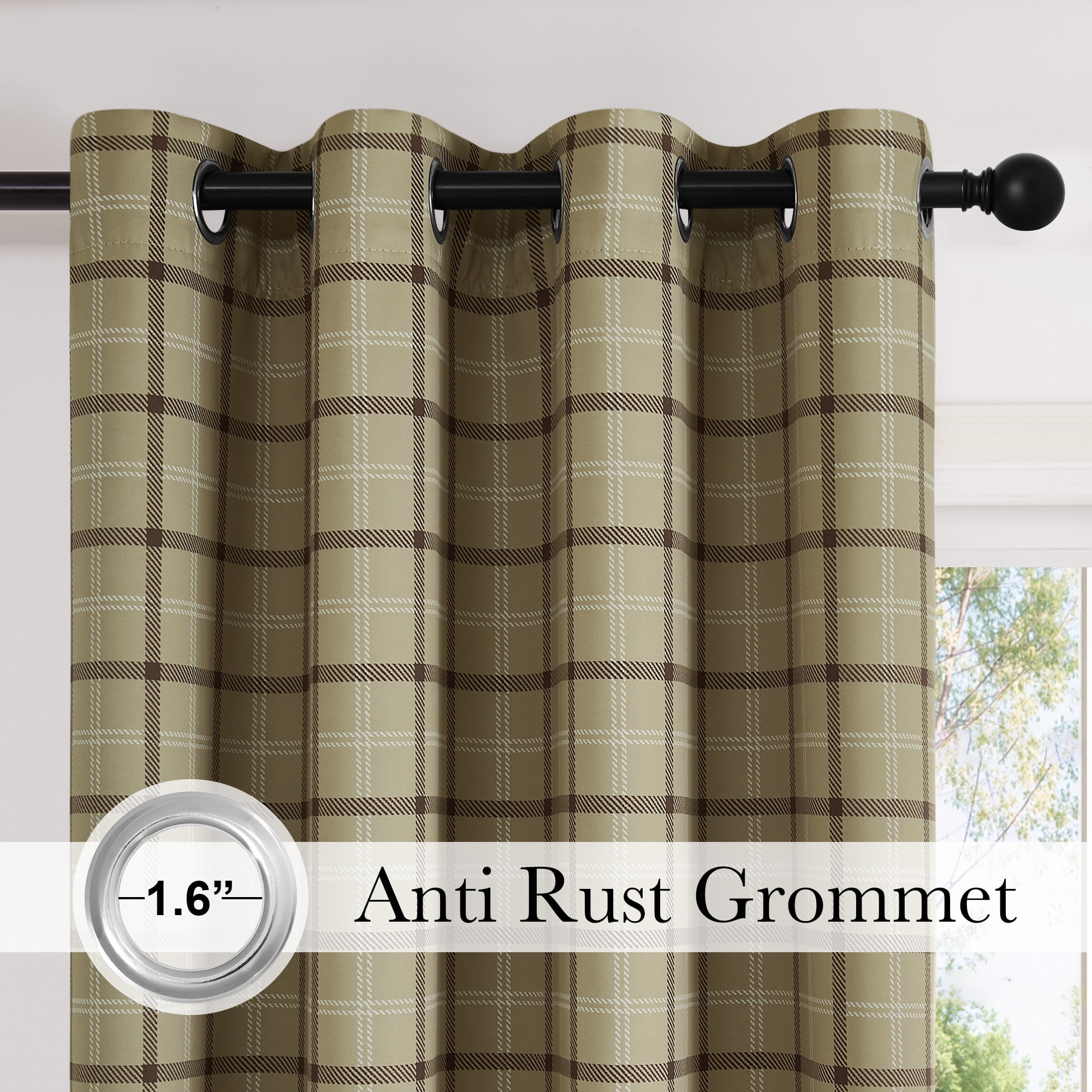 NICETOWN 100% Blackout Rustic Grid Pattern Linen Room Darkening Plaid Farmhouse Grommet Noise Reducing Window Curtains for Living Room, 2 Panels, Linen, W52 x L96