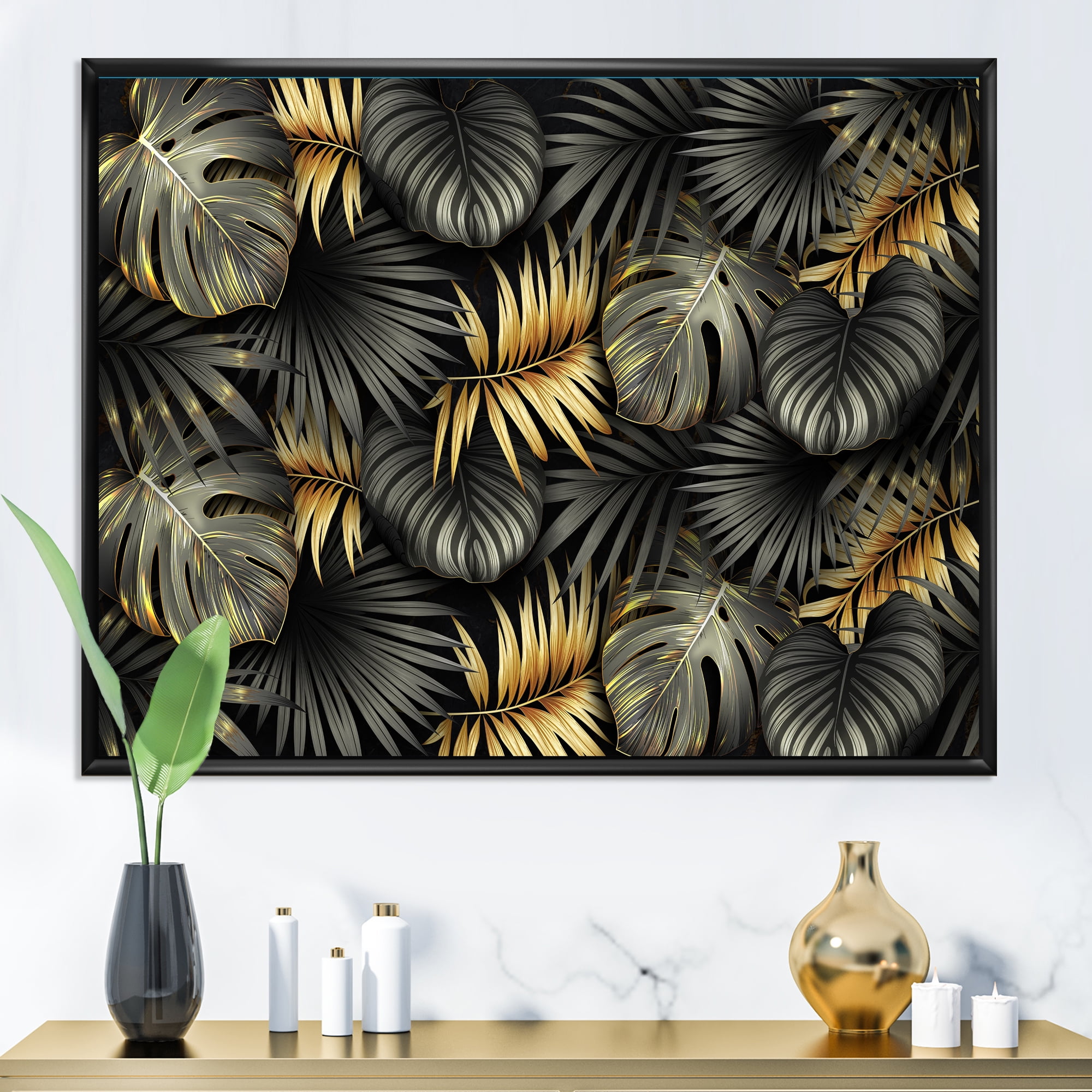 Designart 'Gold and Black Tropical Leaves II' Modern Framed Canvas Wall Art Print