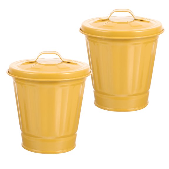2 Pcs Tin Bucket with Lid Trash Can Slim Recycle Bin Car Baby Yellow
