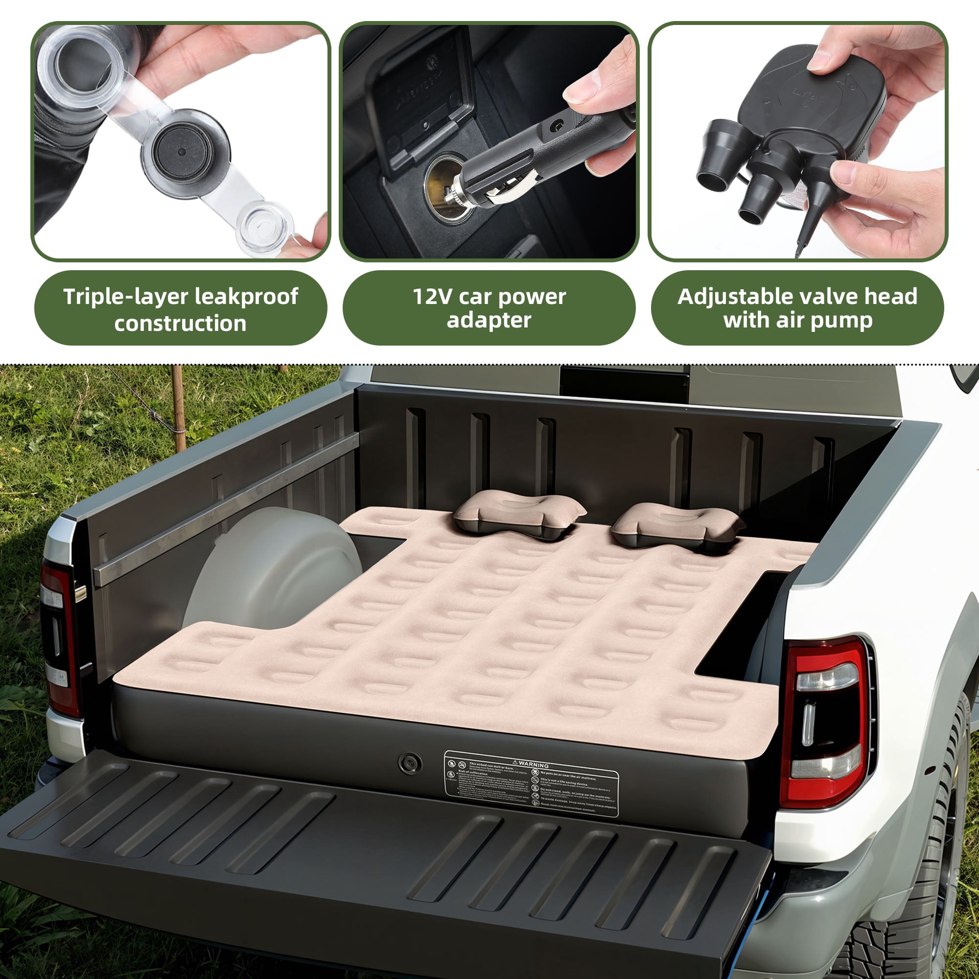 Uforic Inflatable Truck Air Mattress for 5.5–5.8ft Short Bed Pickups, Camping Car Bed with Pump, Pillows, Carry Bag & Patch Kit, Fits Full-Size Trucks (Black + Brown)