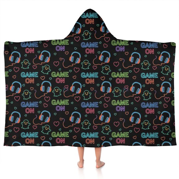 Colorful Controllers Games Icons Black Pattern Hooded Bath Towel，50"x30" for Ages 3 To 12 Kids, Quick Dry Lightweight Soft Microfiber Hood Beach Towel Cover Up for Kids