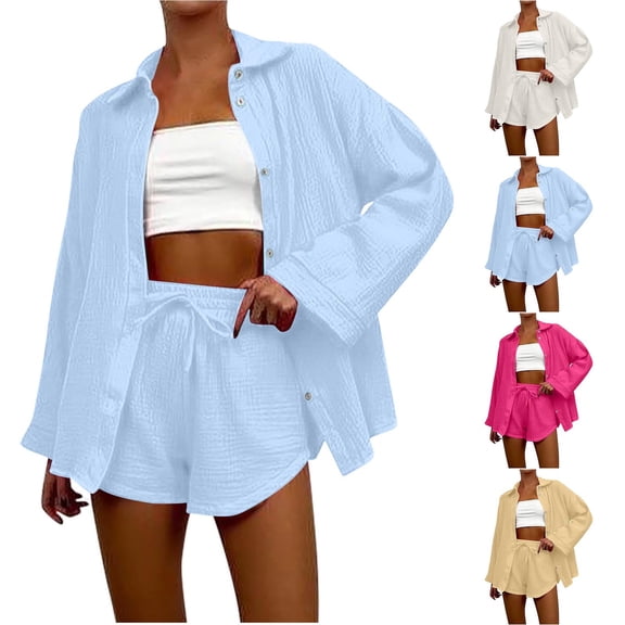 Bixock Women's 2 Piece Casual Set,Long Sleeve Shirt Shorts Set,Breathable Commute Solid Color Shirt Comfortable Leisure Outfits