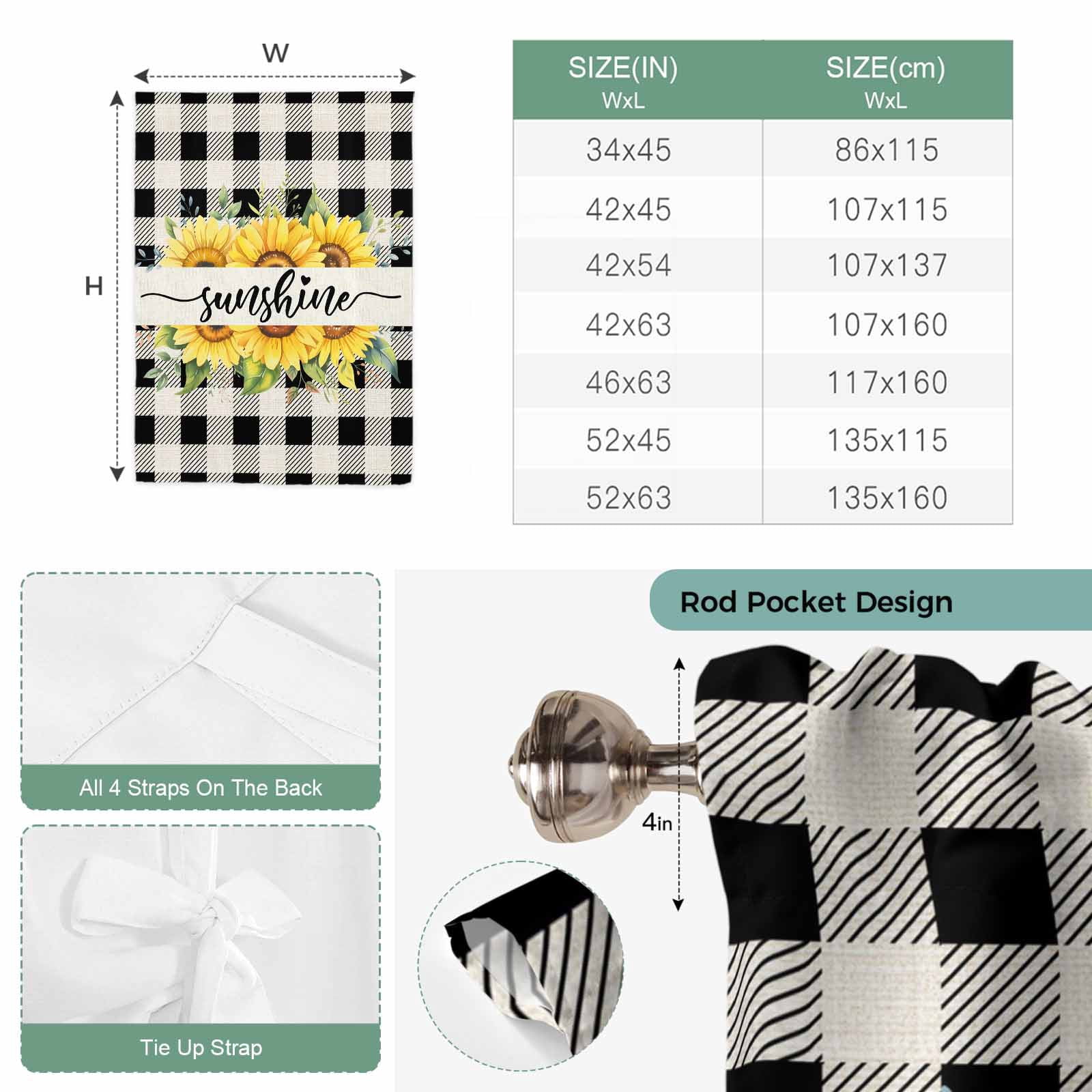 Summer Welcome Tie Up Curtain 45 Inches Long, Yellow Sunflower Leaf Retro Linen Black Plaid Balloon Style Kitchen Window Curtain Over Sink, Small Window Rod Pocket Curtain 52"x45"