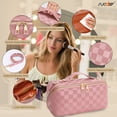 thumbnail image 4 of SUOSDEY 2 in 1 Crossbody Makeup Bag,Travel Luxury Leather Cosmetic Bag Organizer Set(Pink,Checkerboard pattern), 4 of 7