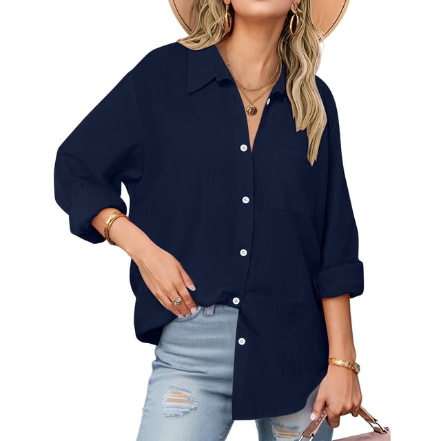 Ovbmpzd Womens Shirts Long Sleeve Cotton Linen Blue Plus Size Button Down Shirts Work Collared Spring Solid Tops for Women XL