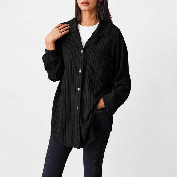 Olyvenn Stylish Knit Ribbed Sweater for Women Long-Sleeve Sweaters Button-Down Cardigan with Pockets Loose Fit Casual Semi-Formal Jacket Black 4