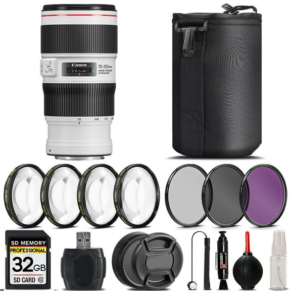 Canon EF 70-200mm f/4L IS II USM Lens   4PC Macro Kit   UV, CPL, FLD Filter - 32GB Kit (International Version)