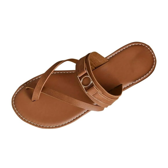 LOVZFMLL Flat Sandals for Women 2025 Ring Toe Cross Straps Slip On Flip Flops Casual Outdoor Beach Vacation Slides Sandals Brown 9.5