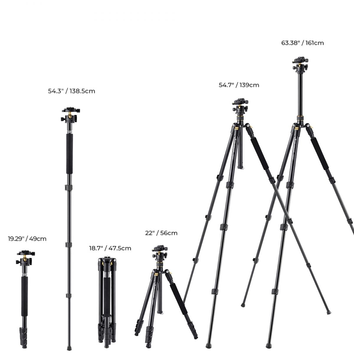 K&F Concept 64"/1.6m Lightweight Travel Tripod Compact Aluminum Alloy Tripod 10kg/22lbs Load Capacity with 28mm Metal Ball Head & Detachable Monopod Golden