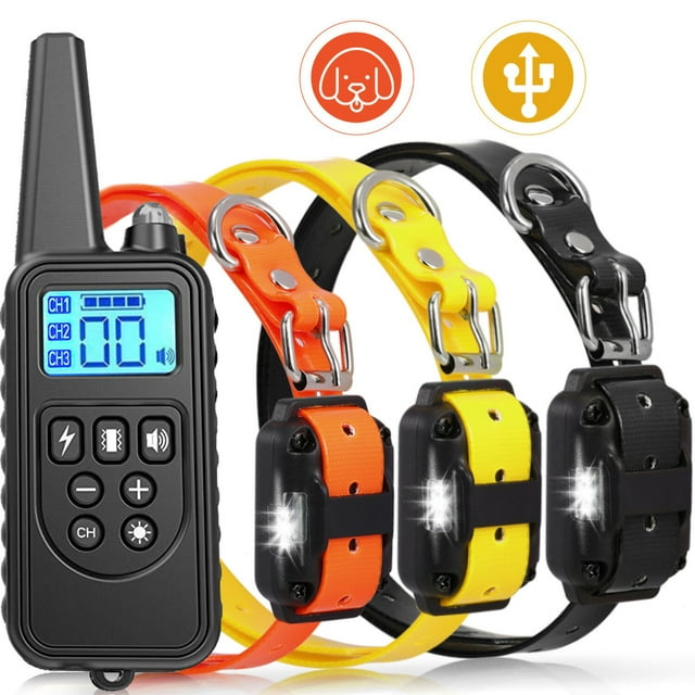 Collier d'Entraînement pour Chien Rechargeable à 3 Canaux 880-3 avec Télécommande Anti-Interférence, 99 Niveaux de Vibration/choc/bip, Récepteur Résistant aux Intempéries, Contrôleur Noir, Collier en Cuir PU 67 cm, USB