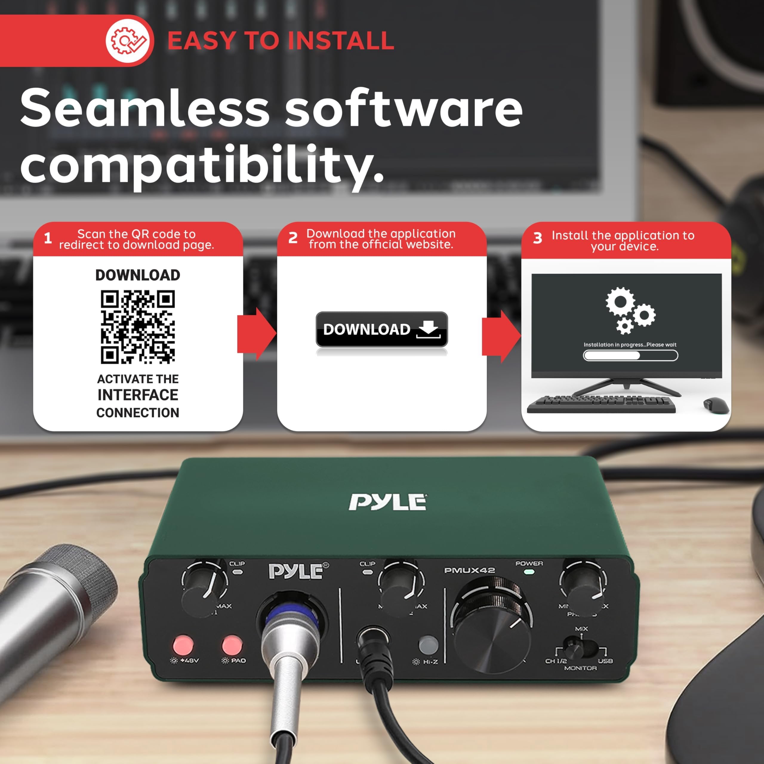 Pyle USB Audio Interface for Recording, Streaming & Podcasting – 2 Inputs 2 Outputs, 48V Phantom Power, 24bit/192kHz ASIO, Studio-Quality Sound, Rugged Metal Chassis - Compatible with Windows/Mac