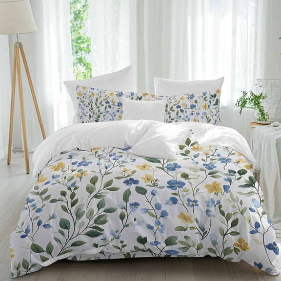 Blue Yellow Floral 4 piece Duvet Cover Set, Comfort Bedding Set Twin Size Include a Duvet Cover, a Bed Sheet, 2 Pillowcase with Zipper for All Season