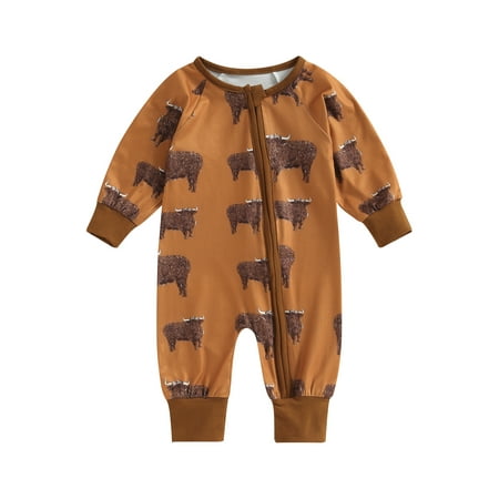 

Qtinghua Western Newborn Baby Girls Romper Long Sleeve Cactus Cattle Print Jumpsuit Fall Clothes Brown 3-6 Months