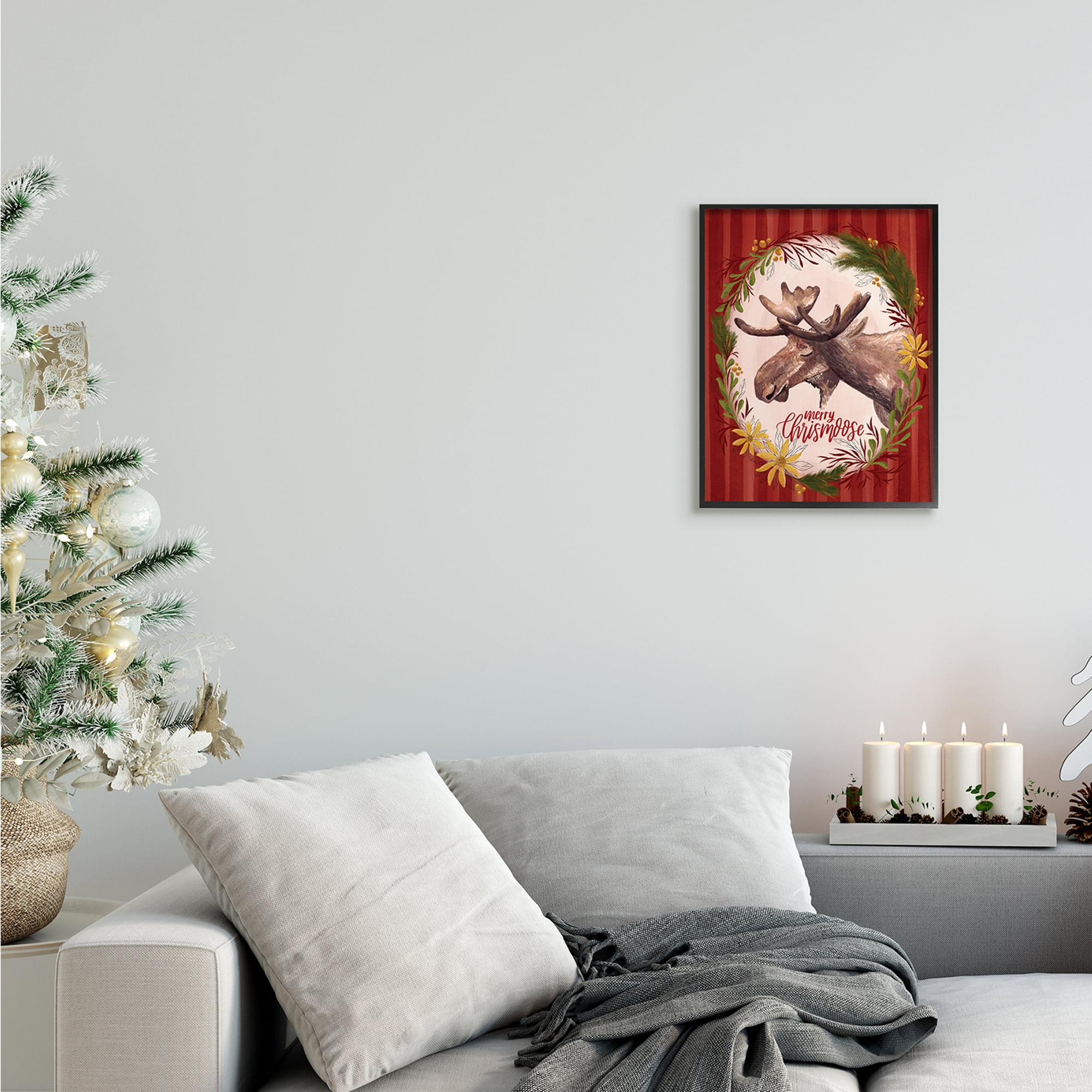 Stupell Industries Merry Chris-Moose Holiday Wreath Rustic Animal Pun Animals & Insects Painting Black Framed Art Print Wall Art, 11 x 14
