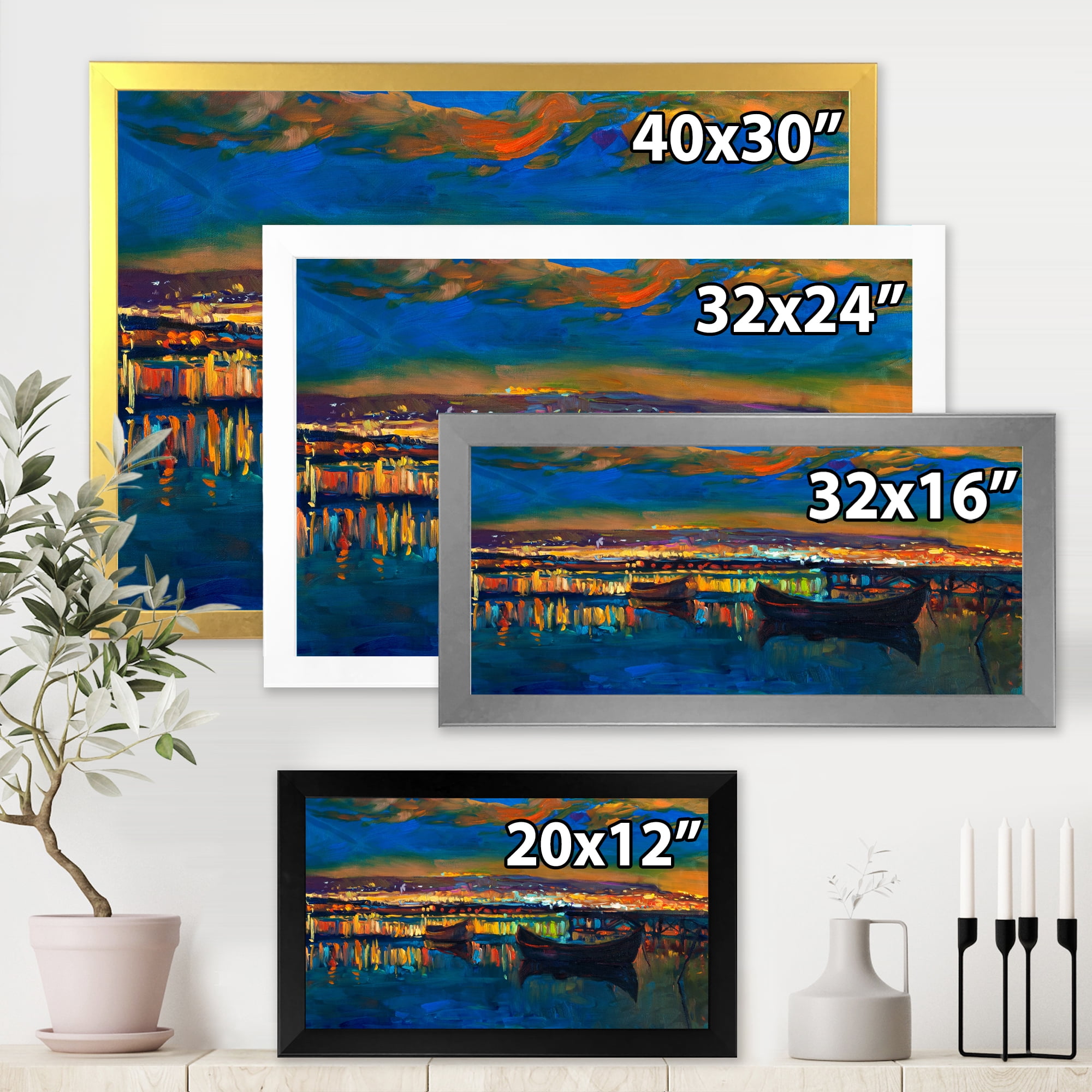 Designart 'Two Little Boats In The VIllage Harbor Ar Night' Nautical & Coastal Framed Art Print