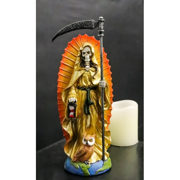 Standing Gold Santa Muerte Skeleton With Scythe Hourglass And Wise Owl Figurine
