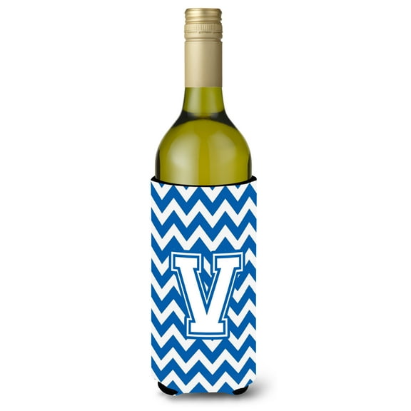 Carolines Treasures CJ1045-VLITERK Letter V Chevron Blue and White Wine Bottle Beverage Insulator Hugger Wine Bottle