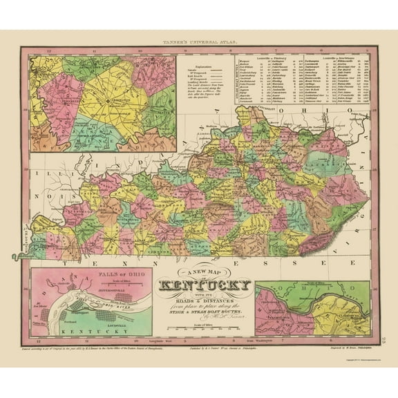 Historic State Map - Kentucky Tennessee Counties - Tanner 1833 - Vintage Wall Art