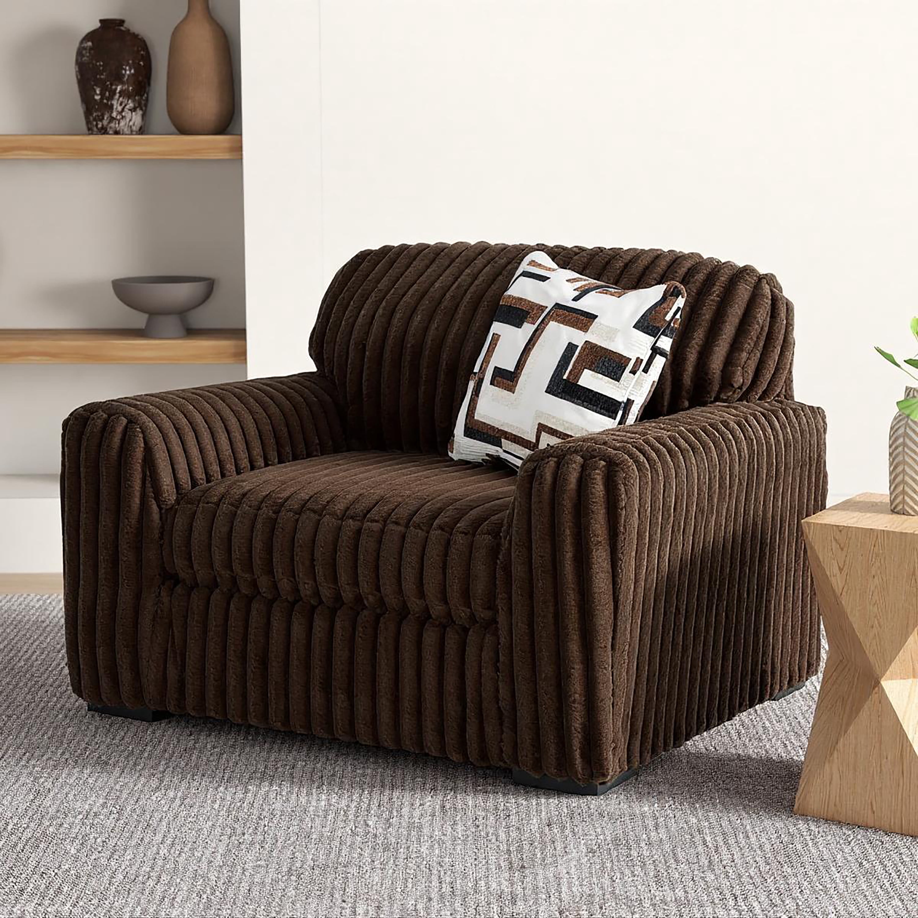 Roundhill Furniture Solenne Oversized Chair and a Half with Jumbo Corduroy Upholstery, Reversible Cushion, and Accent Pillow, Chocolate