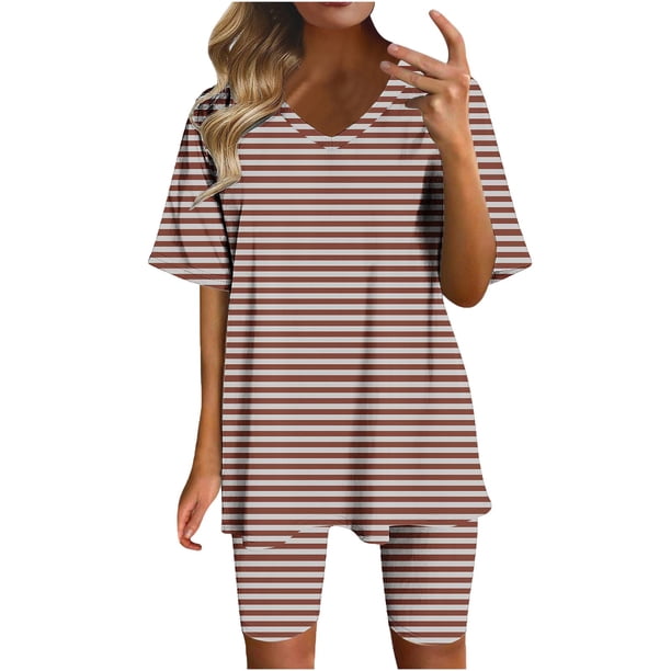 Blusas para las Mujeres Casual Impreso Cuello en V Manga Corta Blusa Pantalones Cortos, Conjuntos de Ropa para las Mujeres