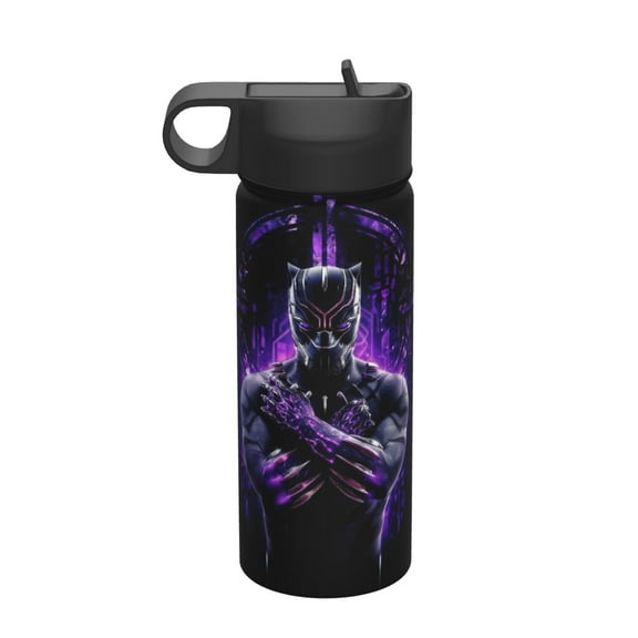 Black Panther Kids Water Bottle with Flip Straw Lid 18OZ Vacuum Insulated Stainless Steel Thermos Leakproof School Travel Sports Cup for Boys Girls Gift