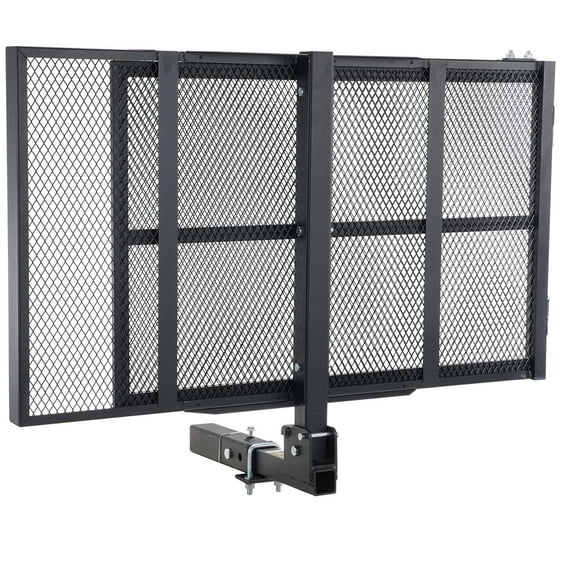 KFFKFF Cargo Carrier for Hitch Mount, 45.3" x 25.6" Iron Rack with Foldable Ramp, Basket Hitch Rack with Secure Straps and Stabilizer, 500LBS Capacity Scooter Carrier Compatible with 2" Hitch Receiver