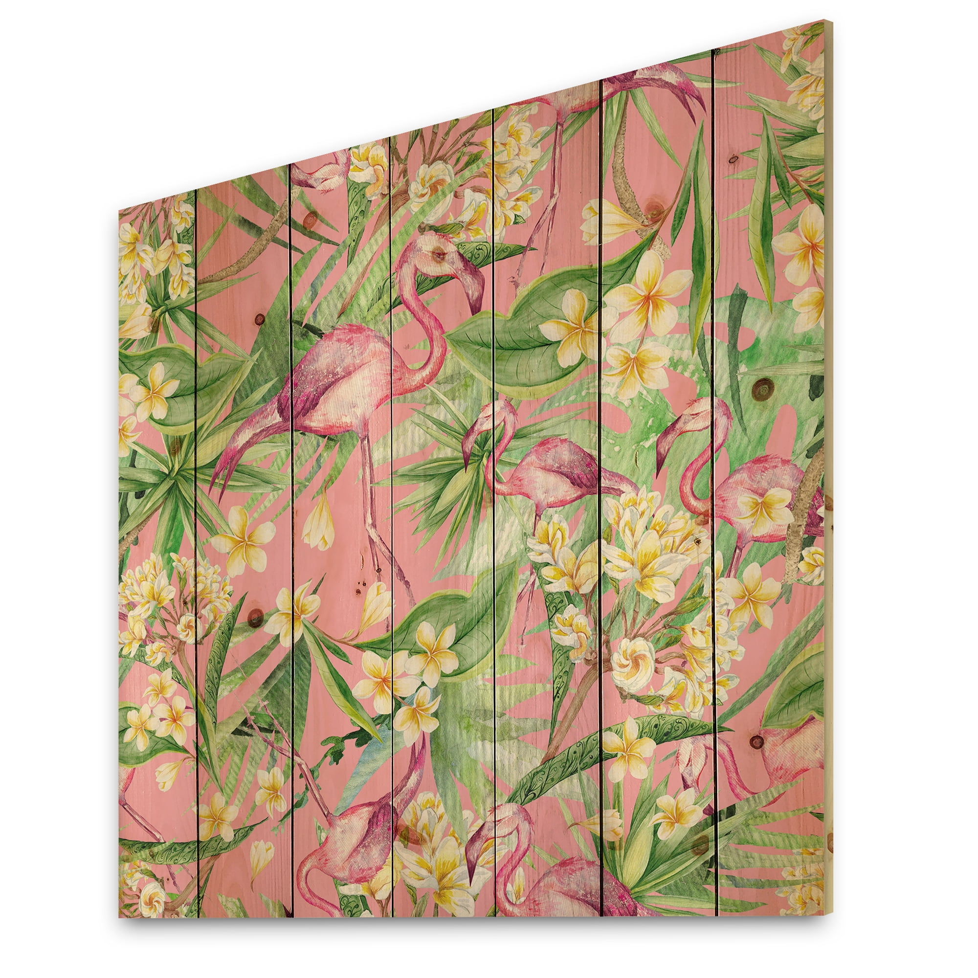 Designart 'Yellow Flowers, Tropical Foliage With Flamingo III' Modern Print on Natural Pine Wood
