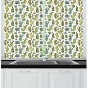 Red Vow Cactus Kitchen Curtains, Hand Draw Foliage Pattern Botanical Inspired Floral Tropical Elements, 2 Panel Set for Living Room Kitchen Cafe, 80" W by 63" L, Yellow Green Reseda Green