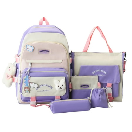 

5 Piece Kawaii Backpack with Bear Pendants and Pins School Supplies Shredded Bear Backpack Set(Violet)