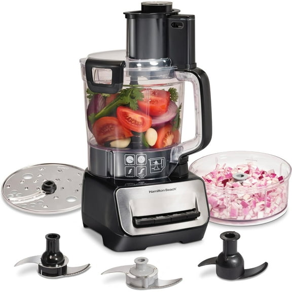 Stack & Snap Food Processor and Vegetable Chopper, Stainless Steel Blades, 14 Cup   4-Cup Mini Bowls, 3-Speed 500 Watt Motor, Black (70585)