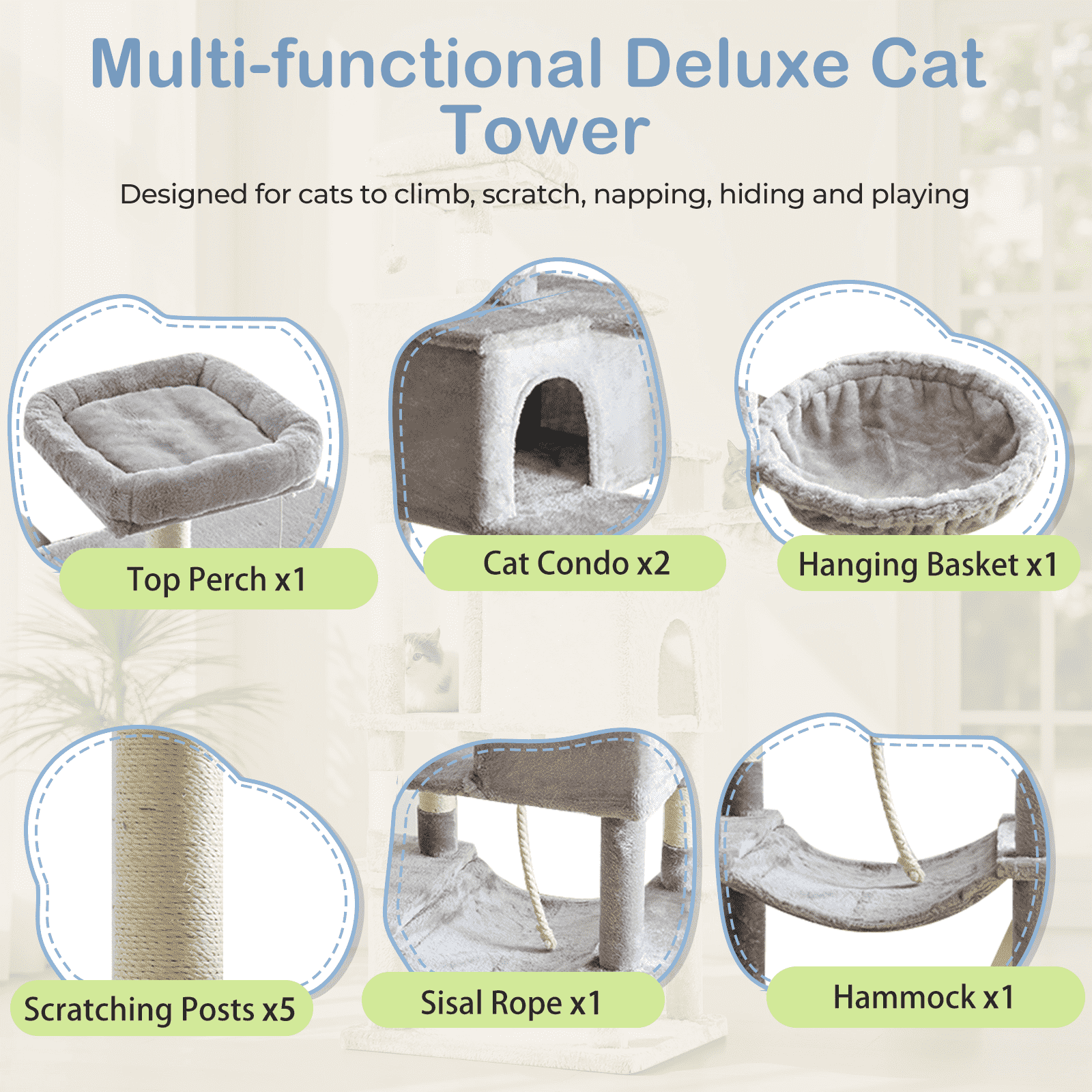 MAYEERTY 66-inch Cat Tree Tower Multi-Cat Climbing Extended Platform Hammock Pet House