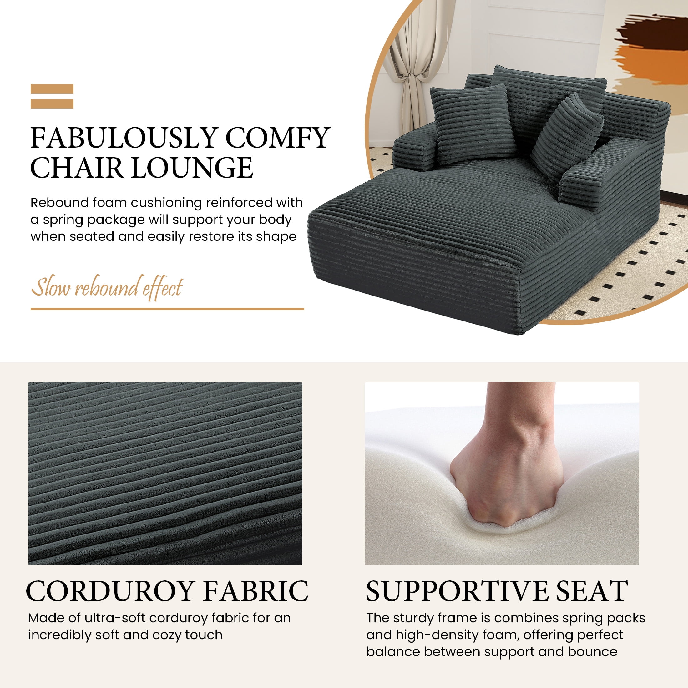 Aukfa 66" Oversized Chaise Lounge Chair, Corduroy Sleeper Sofa with 3 Pillow for Living Room,Black